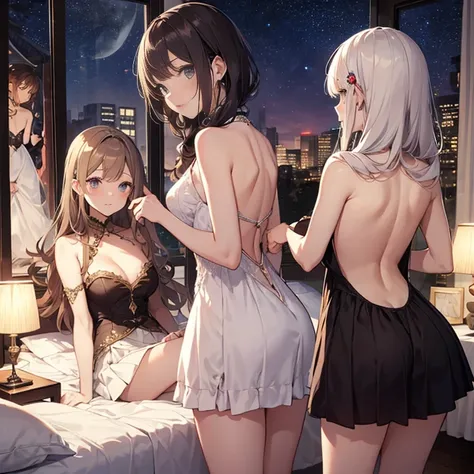 A group of young princesses, (in bedroom), various hair styles, harem, wearing royal dress, night, details face, , short skirt, seducing, sleeveless , backless, night, starry night