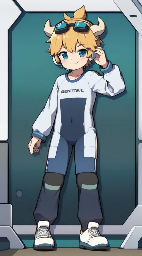 Second dimension boy，One-piece mountaineering suit，horns，cow ears，Put the headphones on your head，stood up，goggles，sports shoes，Slim，Smile