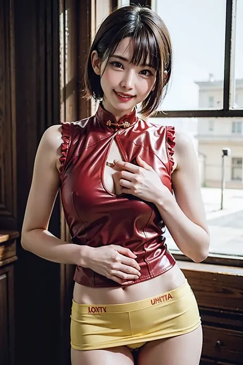 ((highest quality、best image quality、ultra high resolution、Drawn in ultra high definition、alone、look closely at the camera、light colored eyes))、(1 girl:1.9)、(short bob),(Cheongsam with wide open chest、tight mini skirt: 1.4), (yellow panties、Panty shot: 1.4...