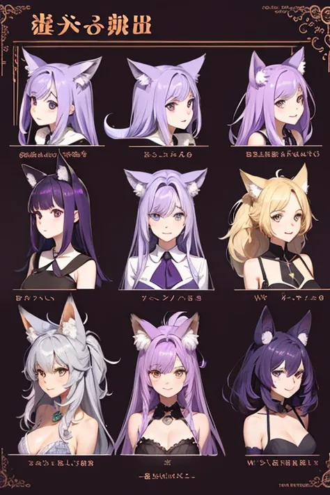 character design sheet，hairy, Purple, one person， fox ears，witch，dandelion，fine