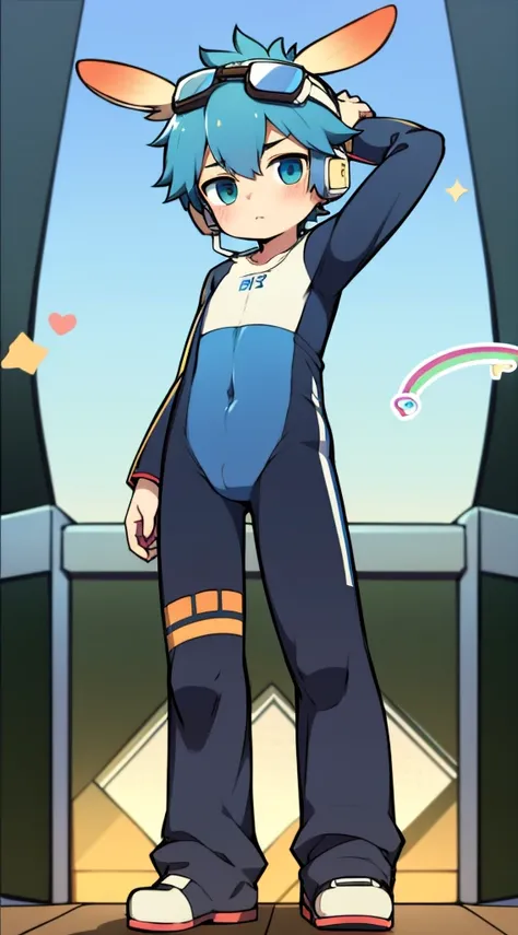 2D boy Shota，One-piece racing suit，Slim, healthy body，Put the headphones on your head，stand up，goggles，rabbit ears