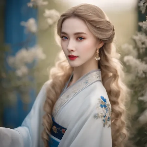 (masterpiece), high-definition Hanfu women, European and American face, perfect face, long blonde hair, blue eyes, very charming.