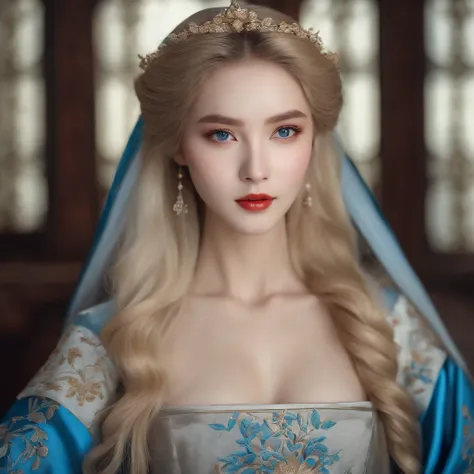 (masterpiece), high-definition Hanfu women, European and American face, perfect face, long blonde hair, blue eyes, very charming.