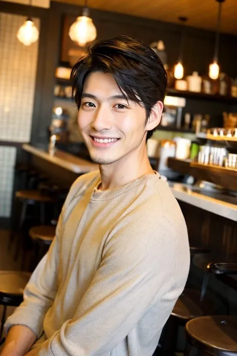 Japanese male in his 30s。Inside the cafe, Hair combed neatly. Cleanly shaven face. With a gentle smile on his face.。Have a kind face、Very thin.