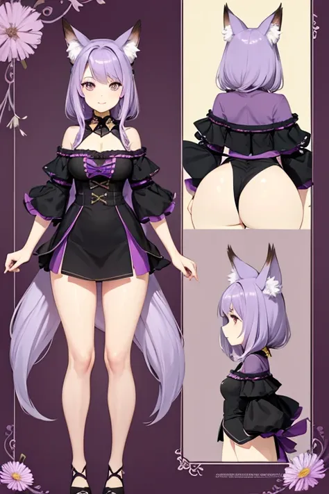 character design sheet，Purple, individual，cute，With fox ears，witch，dandelion，fine，facial details，plain view