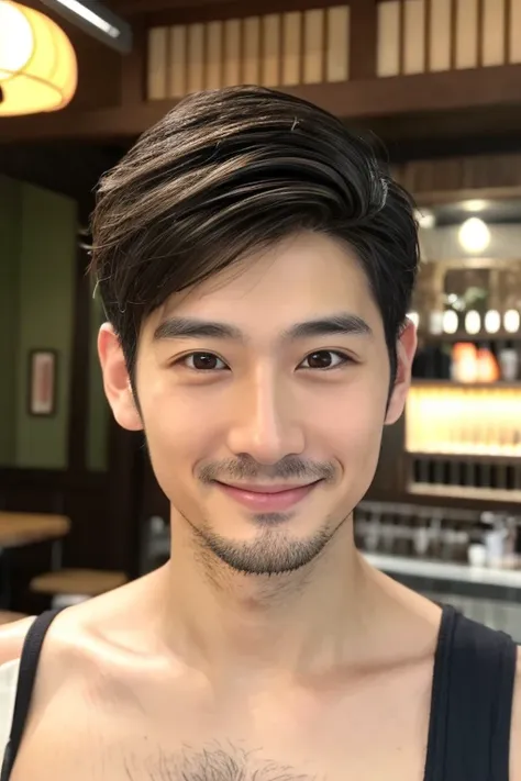 Japanese male in his 30s。best quality、masterpiece、ultra high resolution、(Photo realism:1.4)、original photo、Inside the cafe, Hair combed neatly. no beard. Cleanly shaven face. With a gentle smile on his face.。Have a kind face、Very thin.