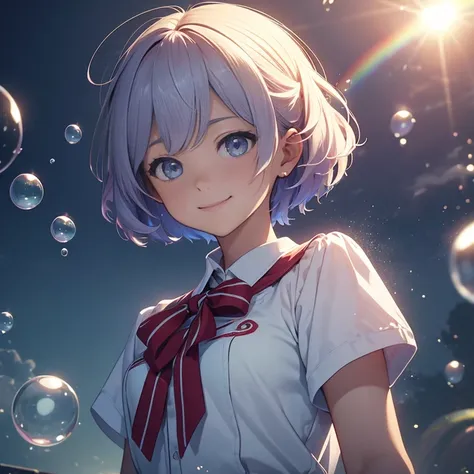 3D illustration、clear eyes、Strong heart、official art, unそれy 8k wallpaper, Super detailed, beautiful and aesthetic, high qualそれy, beautiful, masterpiece, highest quality,girl、Rimsoreed Palette, short hair,  Blow bubbles all around、smile、Rainbow after rain