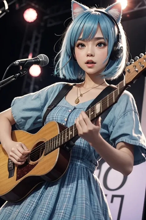 light blue hair　short bob　big eyes　Cat ear　beautiful girl　１７age　Pink checked dress　microphone　concert　earphone　live-action