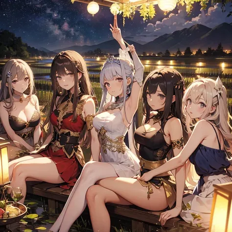 A group of young princesses, (in rice fields), various hair styles, harem, wearing royal dress, night, details face, , short skirt, seducing, sleeveless , showing armpits, night, starry night