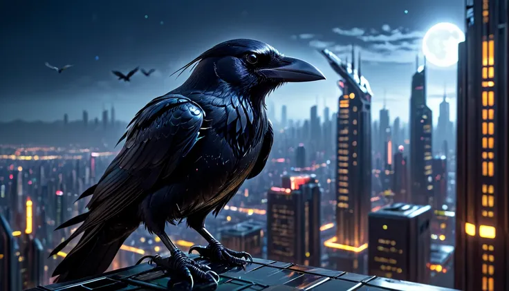 (best quality,highres:1.2),ultra-detailed,realistic,crow,raven,ominous,feathers:1.1,sharp beak,sleek body,intelligent eyes,metal...