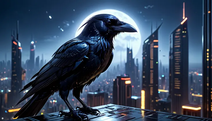 (best quality,highres:1.2),ultra-detailed,realistic,crow,raven,ominous,feathers:1.1,sharp beak,sleek body,intelligent eyes,metal...