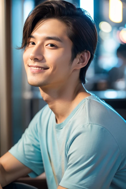 28 year old Japanese male in a cafe at night。best quality、masterpiece、ultra high resolution、original photo、Wearing a light blue round-neck T-shirt.Night in the cafe,There is a cup of coffee on the table. Hair combed neatly. . Cleanly shaven face. With a ge...