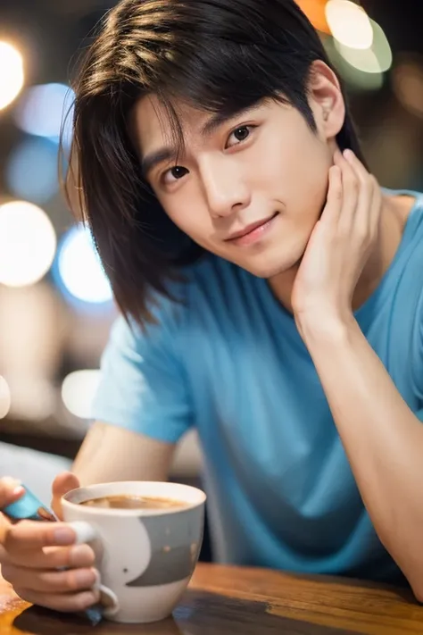 28 year old Japanese male in a cafe at night。best quality、masterpiece、ultra high resolution、original photo、Wearing a light blue round-neck T-shirt.Night in the cafe,There is a cup of coffee on the table. Hair combed neatly. . Cleanly shaven face. With a ge...