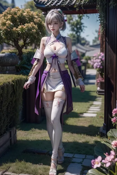 best picture quality,Highest resolution,8K,(full body picture),Unreal Engine 5 rendering works,(digital photography), 20 year old girl,Short hair details,Have long bangs,(Purple eye makeup is very delicate),(White short hair 3.0),(Moderate, D cup breasts),...