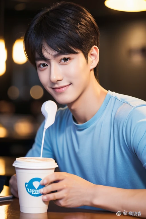 (best quality, highres, masterpiece:1.2), ultra-detailed, realistic:1.37, 28-years-old Japanese male, in a cafe at night, wearing a light blue round-neck T-shirt. The cafe table has a cup of coffee on it. His hair is neatly styled. Clean-shaven face with a...