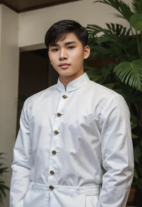 Filipino korean 16 year old boy white formal attire solo family portrait  nice brown hair bowl cut mllet