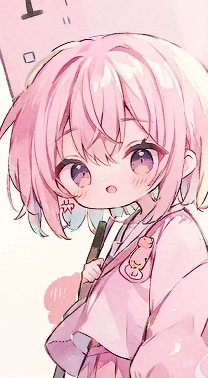 Chibi、pink military uniform、skirt、ribbon、clear face、happen、droopy eyes、put your hands on your hipasterpiece、best image quality、highest quality、cute，short twin tails,pink short hair