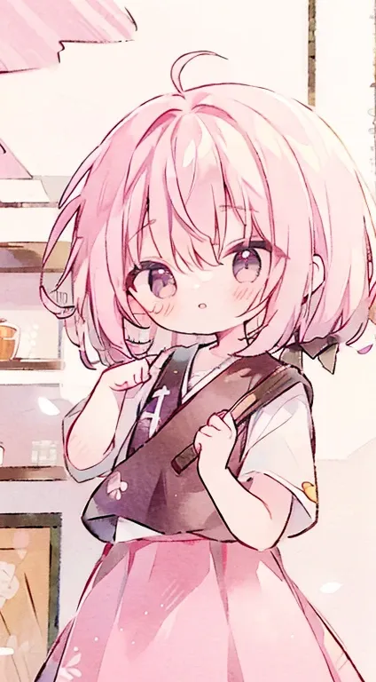 Chibi、pink military uniform、skirt、ribbon、clear face、happen、droopy eyes、put your hands on your hipasterpiece、best image quality、highest quality、cute，short twin tails,pink short hair