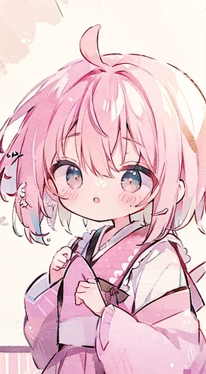 Chibi、pink military uniform、skirt、ribbon、clear face、happen、droopy eyes、put your hands on your hipasterpiece、best image quality、highest quality、cute，short twin tails,pink short hair