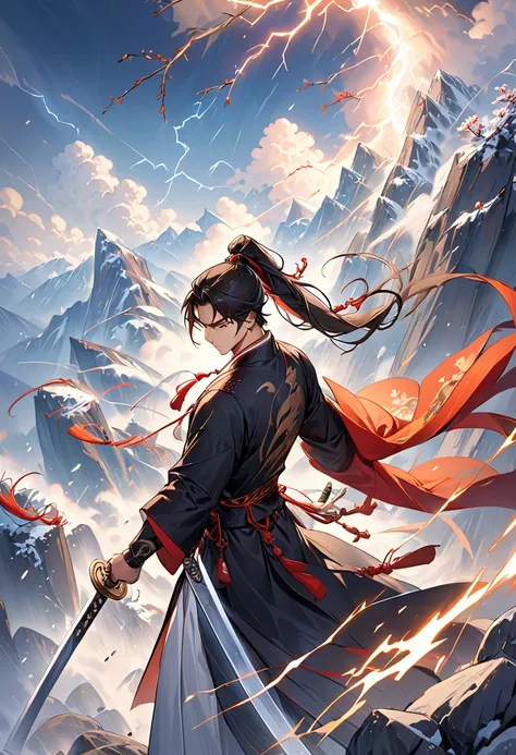 jiang hu, mountain tops, cliffs, peaks, blizzards, pitched battle, lightning, weapon, sword,1boy, black hair, male focus, long h...