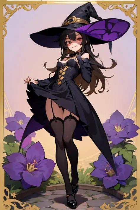 1masterpiece, 8k quality, 1girl, mature woman, witch, full-body, standing, anime style, little witch academy stile, medium breasts, long hair black, golden eyes, mischievous smile, fangs, witch dress, purple witch outfit, revealing clothing, micro thong, u...