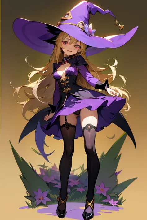 1masterpiece, 8k quality, 1girl, mature woman, witch, full-body, standing, anime style, little witch academy stile, medium breasts, long hair black, golden eyes, mischievous smile, fangs, witch dress, purple witch outfit, revealing clothing, micro thong, u...