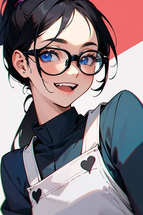 woman、black haired、ponytail、wearing glasses、Show some teeth、smile、eyes are blue、Restaurant uniforms、