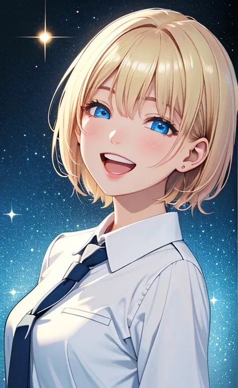 (realistic、​masterpiece、top-quality、8k size wallpaper、offcial art)、(portrait,upper body:1.6)、(1girl),(very loud laugh,Open mouth:1.3),(half closed eyes),cute face,blue eyes、(short hair)、
,(stand),(Shining smile),(Sparkling:1.3),(Sparkling:1.3),(Sparkling:1...