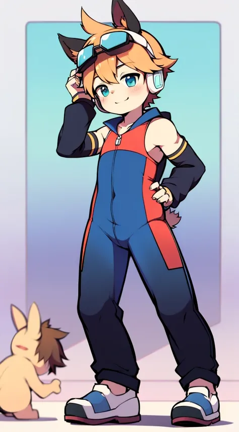 2D boy Shota，One-piece racing suit，Slim, healthy body，Put the headphones on your head，stand up，goggles，rabbit ears，Smile