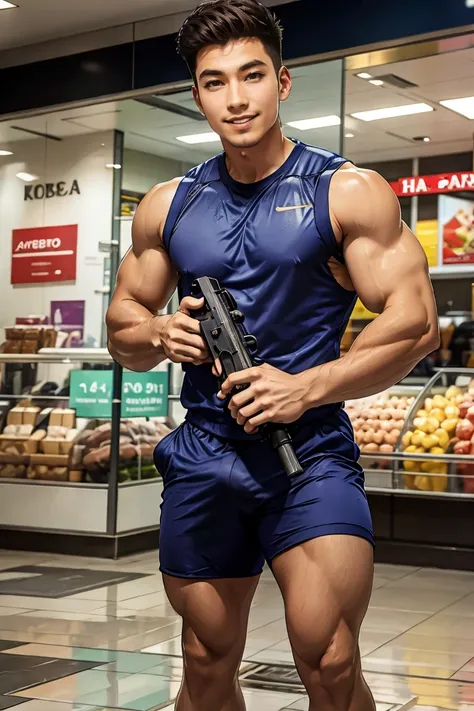 korean man smiles, plays with water gun, gets wet, stands on wet floor in front of a shopping mall, thailand