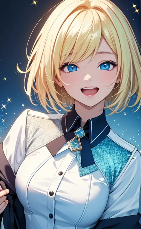 (realistic：1.4、​masterpiece、top-quality、8k size wallpaper、offcial art)、(portrait,upper body:1.6)、(1girl),(very loud laugh,Open mouth:1.3),(half closed eyes),cute face,blue eyes、(short hair)、
,(stand),(Shining smile),(Sparkling:1.3),(Sparkling:1.3),(Sparkli...