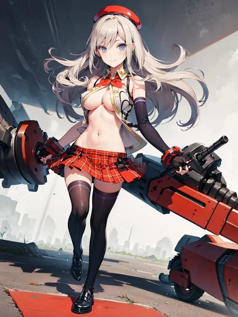 masterpiece, highest quality,BREAK Full Body、emphasizes the cleavage、Provocative smile BREAK(ge2amiella, hat, plaid, underboob, elbow gloves, plaid skirt, thighhighs, navel)BREAK