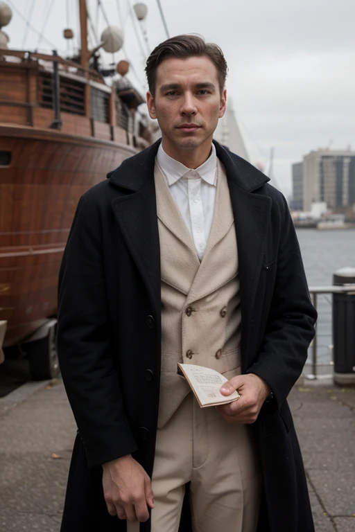 Make a  vintage man riding in year 1881 ship, holding a novel wearing black coat with a white vest underneath, 