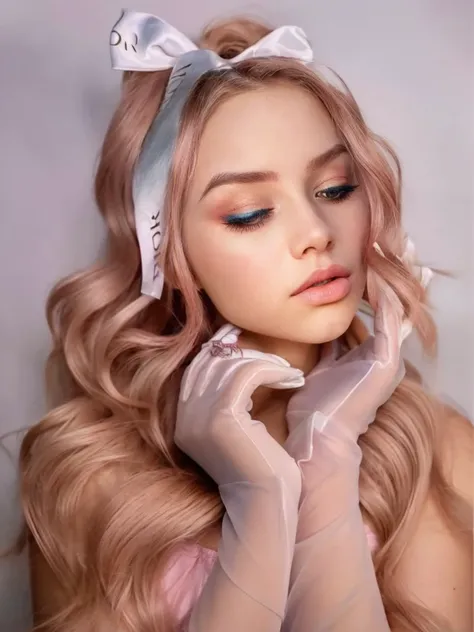 una mujer con cabello largo y rubio con un lazo blanco y guantes, cabello rubio con reflejos rosados, anna nikonova aka new milkmaid, sakimichan frank franzzeta, maquillaje en colores pastel, pelo largo con colores pastel, en el estilo artgerm, estilo de j...