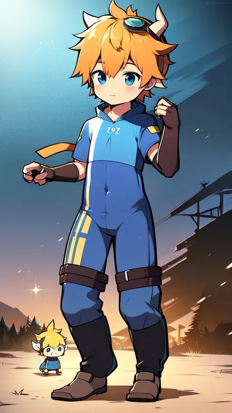 ((A young boy))，(Youthful feeling)，one piece mountaineering suit，There are horns on the head，slender figure,Healthy limbs，goggles，fingerless gloves，cotton socks，short sleeves，stand up