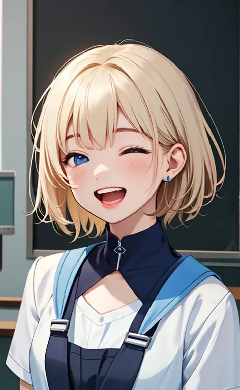 (realistic：1.4、​masterpiece、top-quality、8k size wallpaper、offcial art)、(portrait,upper body:1.6)、(1girl),(very loud laugh,Open mouth:1.3),(half closed eyes),cute face,blue eyes、(short hair)、
,(stand),(Shining smile),(round face:1.3),
,(slender),(school uni...