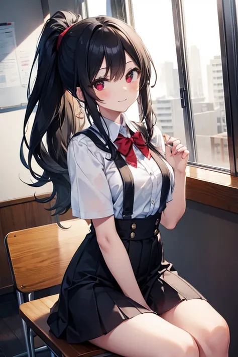 (masterpiece), best quality, expressive eyes, perfect face,high school girl, long black hair, as hair in a ponytail, red eyes,(sitting at the class table), charming, sexy, elegant, smiling mischievously 