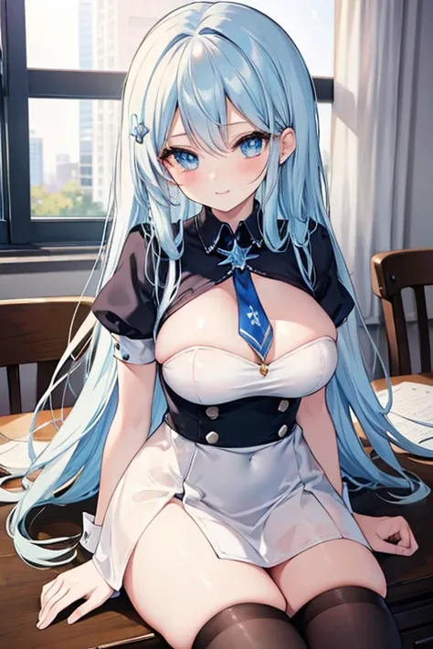 (masterpiece), best quality, expressive eyes, perfect face, high school girl, long whitish blue hair, hair looks elegant and beautiful, blue diamond eyes, (sitting on the classroom table), charming, sexy, graceful, mischievous smile,black high , stockings