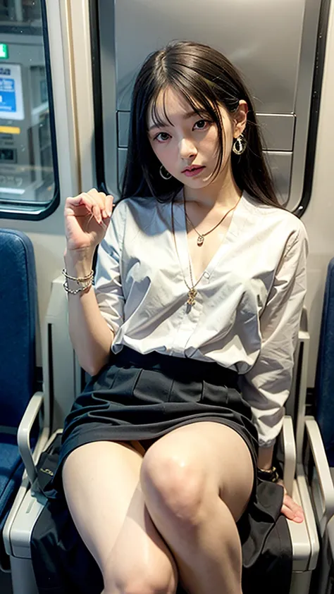 ((highest quality)), ((masterpiece)), (become familiar with), Inside the train、Woman sitting opposite、black hair、long hair with center part、crossed legs、(sleep:1.3)、mature woman、small earrings、Simple 1 Necklace、Slim watches、thin silver bracelet、nail art、Si...