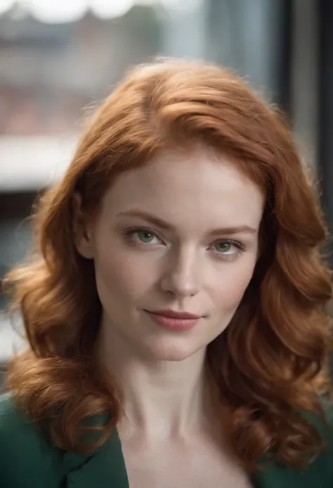 professional portrait of ginger redhead woman with pale medium curly hair, olhos verdes idade 25 anos, vestindo jaqueta preta, wine blouse and jeans, em um bar de filme 2005 texas noite luzes quentes ao fundo  fotografia profissional 