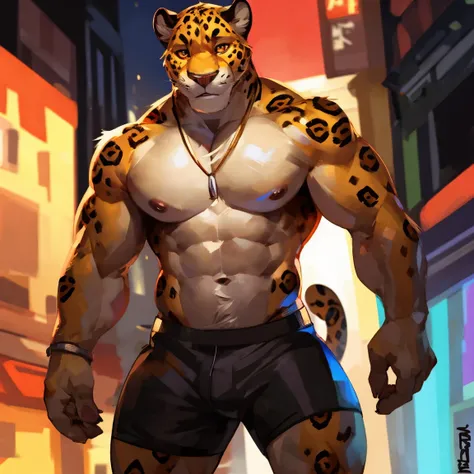 Medium muscular, jaguar, eyes, orange eyes, perfect eyes, shirtless, in black shorts, By mystikfox61