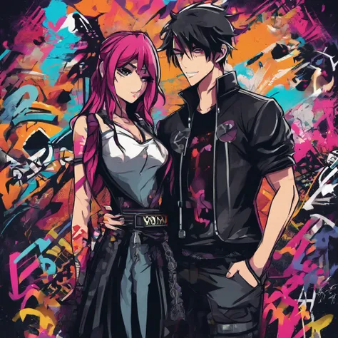 Anime style, dark Adonia, female and male couple character, gothic attire, darkened theme background, full body, 3D imag