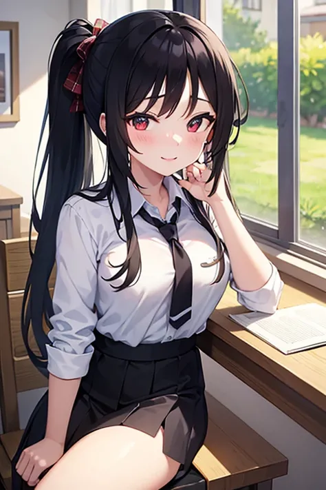 (masterpiece), best quality, expressive eyes, perfect face,high school girl, long black hair, as hair in a ponytail, red eyes,(sitting at the class table), charming, sexy, elegant, smiling mischievously 