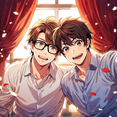 absurdres, highres, ultra detailed, HDR, master piece, best quality, Sawamura Eijun together with Miyuki Kazuya, 2men together, gay couple, handsome, brown hair, medium-length brown hair messy and windswept, glasses with black frames, expressive brown eyes...