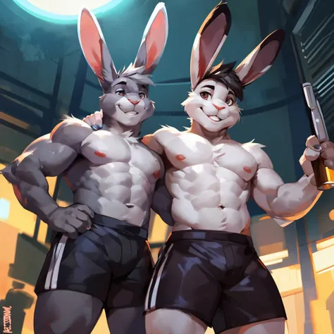 Medium muscular, rabbit, light gray, light gray rabbit, long ears, rabbit ears, two ears, ears raised up, eyes, brown eyes, perfect eyes, shirtless, in black shorts, By mystikfox61