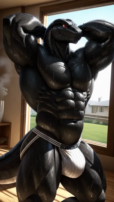 Black scaly snake anthro, ((sleek snake head)), ((muscular body)), (( big arms, big torso)) ((black scales on body)), ((hyper bara)), ((black body)), serpent head, muscular, barazoku (Sharp focus, masterpiece, 8k, intricate artwork, hyper detailed, high de...