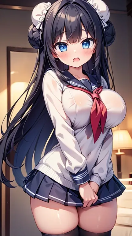 highest quality,wonderful,finely,extremely detailed CG Unity 8K wallpaper, (1 girl,black hair, blue eyes,double bun), (large breast:1.2), (sailor uniform:1.1), (open mouth:1.2), (long tongue:1.2), (mouth drool:1.2), (black stockings:1.1),(Thighs),(constric...