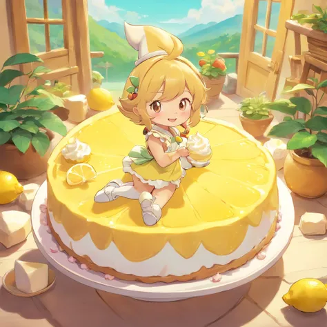 anime style, chibi style lemon meringue from strawberry shortcake, mocha skintone, lemon animal character, gnome background magical, full body, 3D Image 