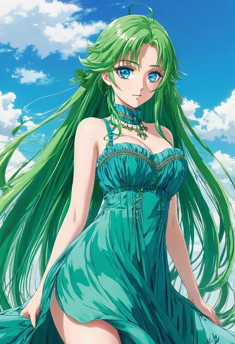 An anime girl with blue eyes and long green hair wearing a controversial dress 