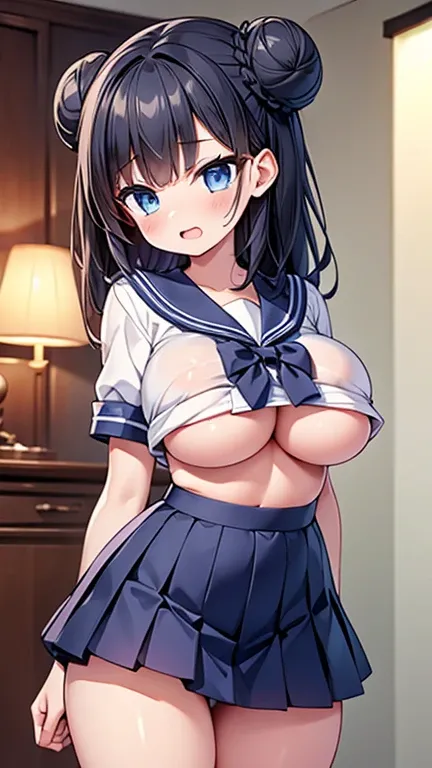 highest quality,wonderful,finely,extremely detailed CG Unity 8K wallpaper, (1 girl,black hair, blue eyes,double bun), (large breast:1.2), (sailor uniform:1.1), (open mouth:1.2), (long tongue:1.2), (mouth drool:1.2), (black stockings:1.1),(Thighs),(constric...